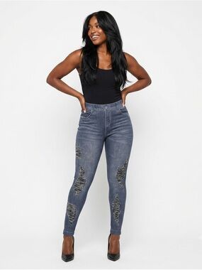 OPPA! Faux Denim Distressed Leggings Gray Plus Size 1X/2X